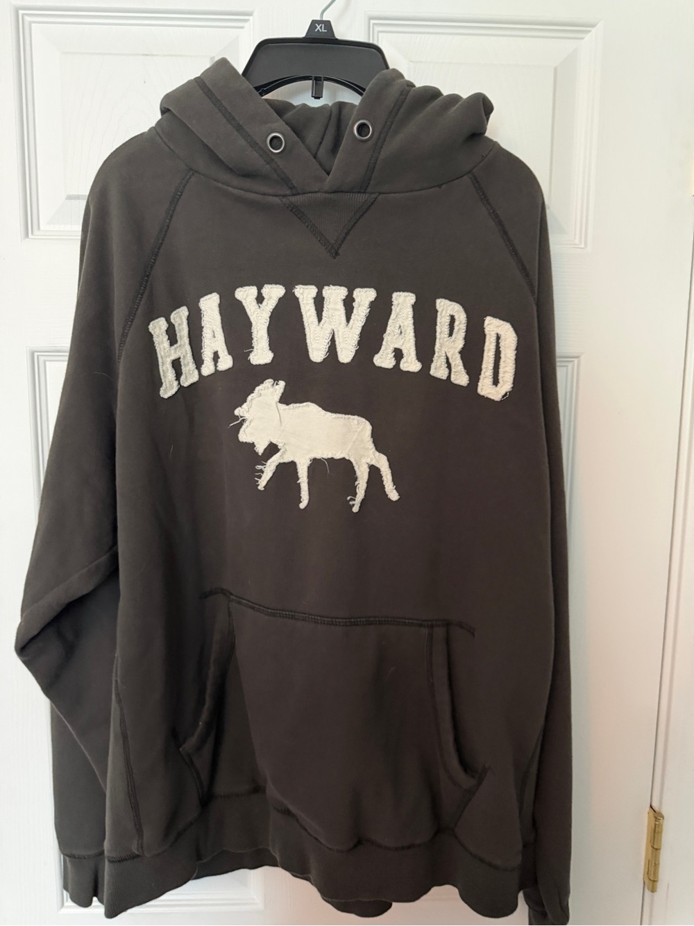 Vtg Blue 84 Hayward Wisconsin Moose Hoodie XL Charcoal Grey Applique Spell Out